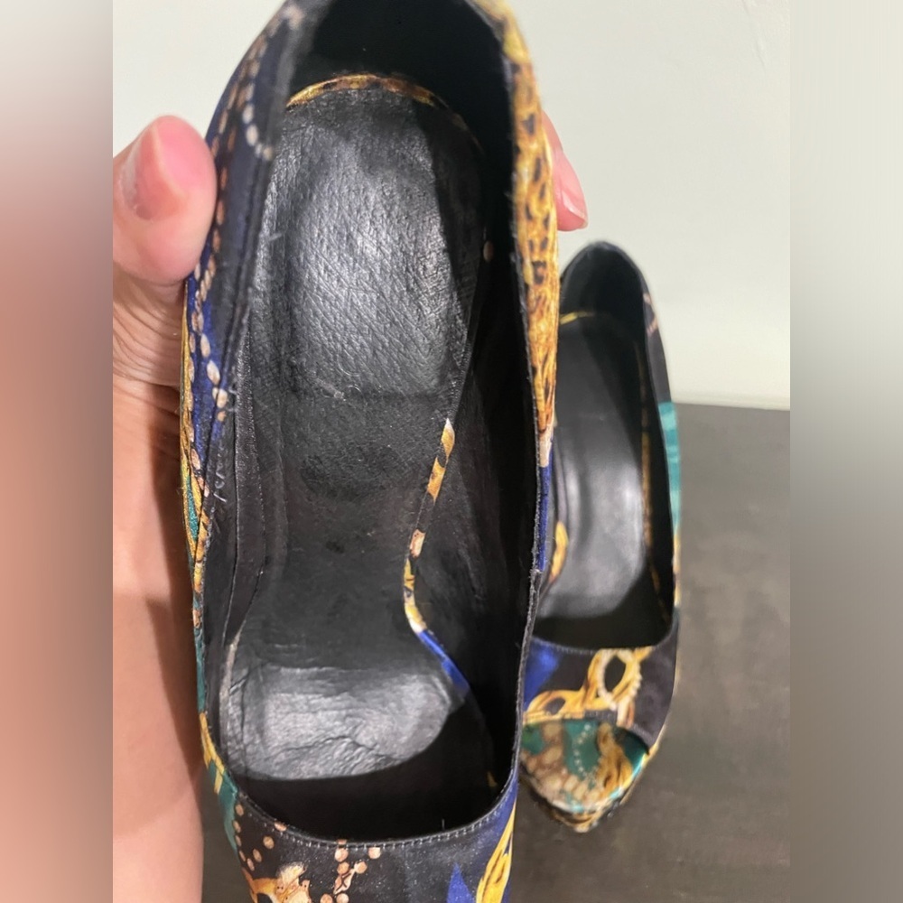 ALDO Platform peep-toe Retro Y2K leopard & gold chain print satin feel size 9 - Picture 7 of 14